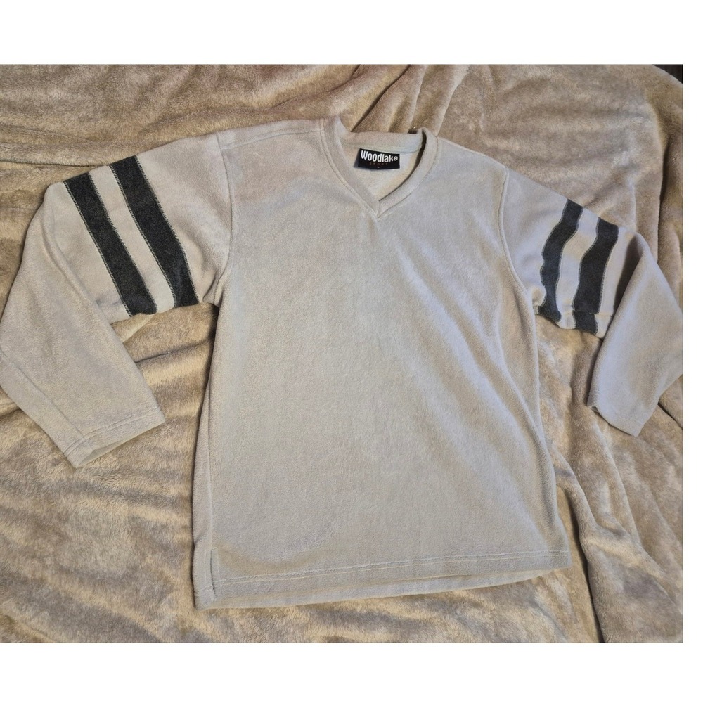 Woodlake Sport Mens Fleece V-Neck Sweatshirt Gray Athletic Stripe Sleeve Large